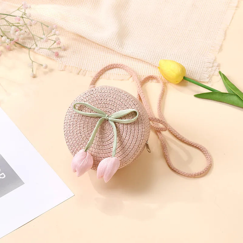Summer Beach Seaside Tulip Straw Woven Bag  New Children Flower Straw Bag Mobile Phone Crossbody Bag