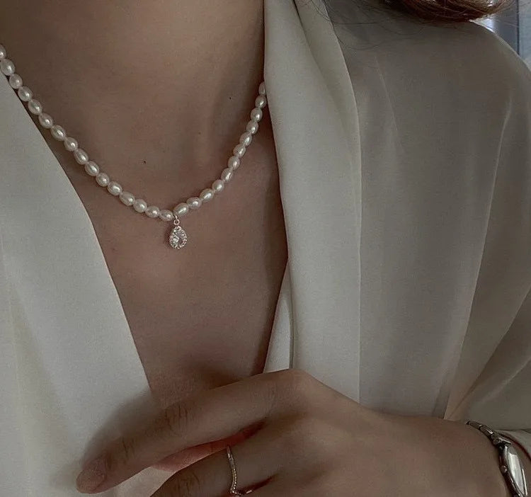 elegant square water droplets freshwater pearl metal inlay zircon necklace