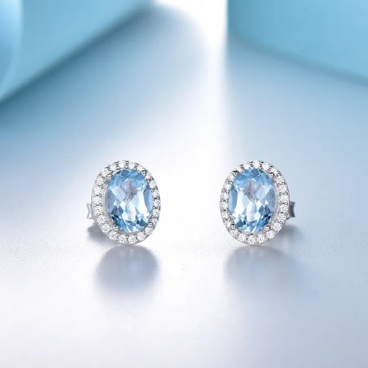 1 Pair 925 Silver Oval Zircon White Gold Plated Ear Studs
