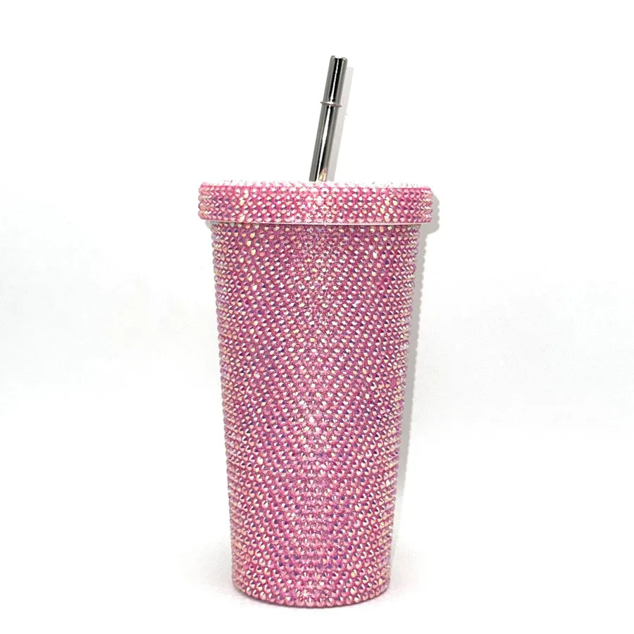 New Diamond-encrusted Insulated Water Cup Double-layer Diamond Tapered Straw Cup Beverage Cup Drinking Cup