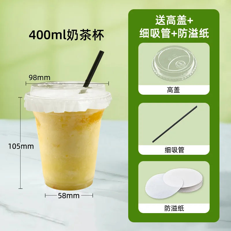 in stock wholesale disposable cup milk tea batch with lid thickened transparent plastic cup stall store packing cup