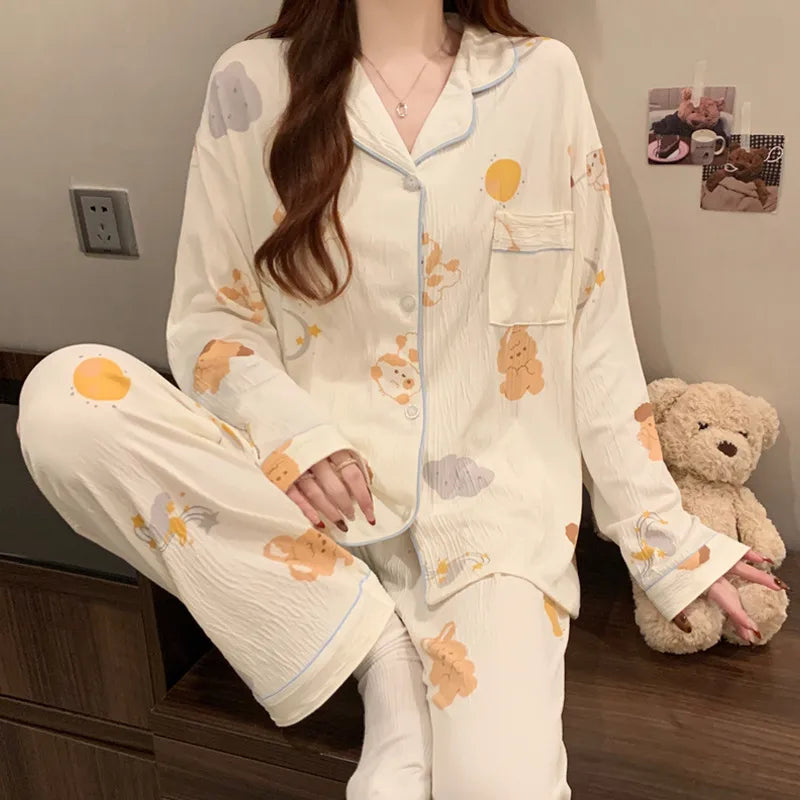 Sweet Girl Heart Print Open Cardigan Sleepwear Long Sleeve Crepe Home Clothes Set Spring New Style Casual Breathable Polyester