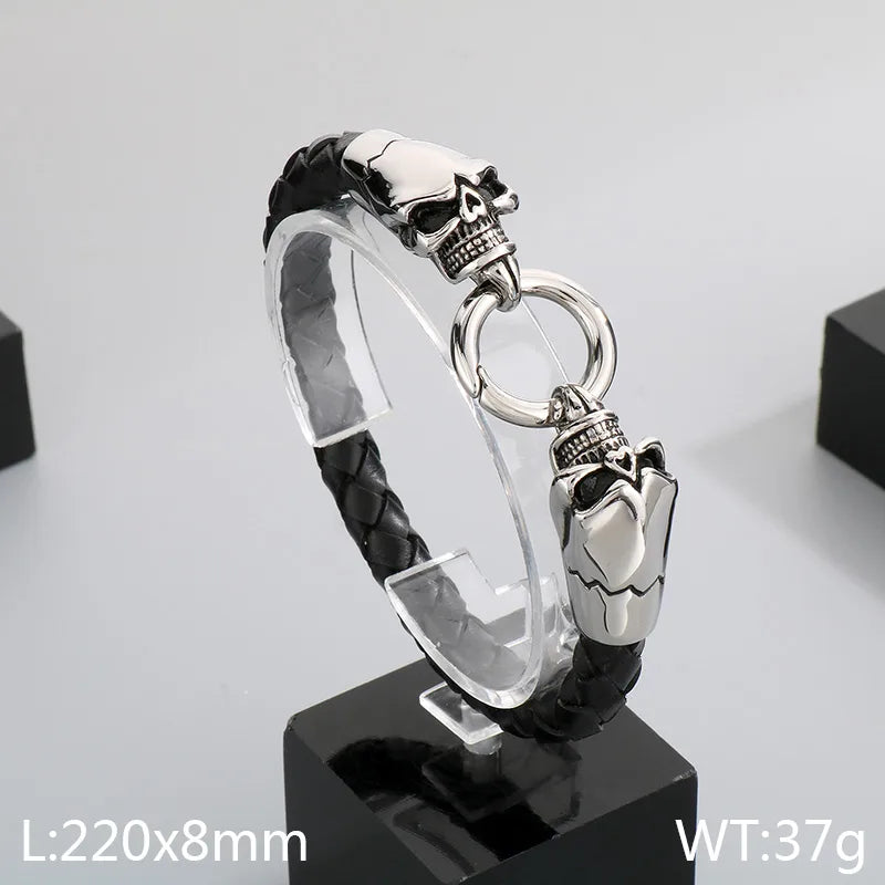 Hip-Hop Retro Anchor Skull 304 Stainless Steel Leather rope Halloween Men's Bracelets