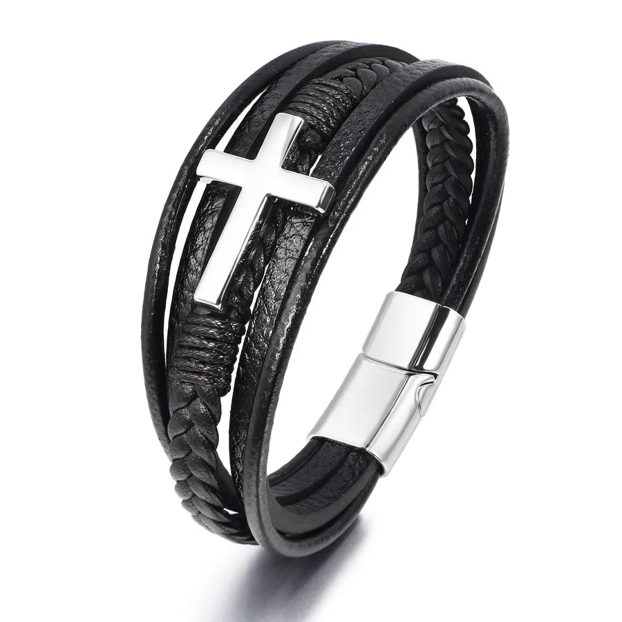 ethnic style cross pu leather braid men's wristband