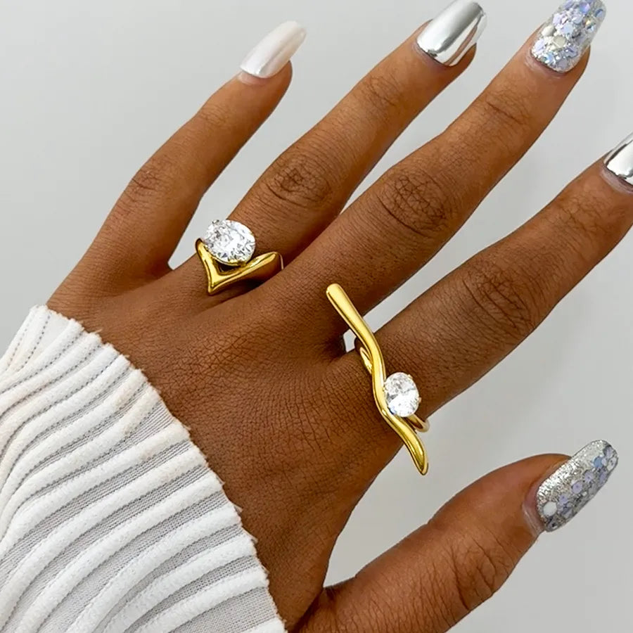 Wholesale Jewelry Simple Style Artistic Lines 304 Stainless Steel 18K Gold Plated Inlay Adjustable Ring