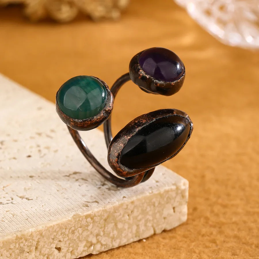Retro Baroque Style Geometric Copper Natural Stone Crystal Open Rings In Bulk