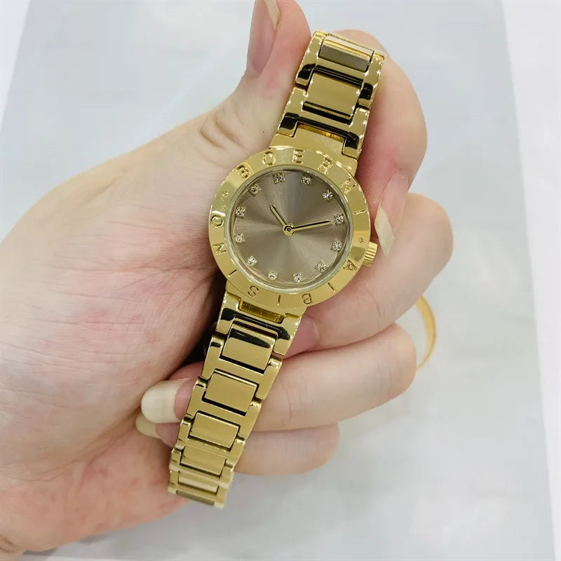 IBSO Gold Diamond Embedded Ladies Watch Small Dial Waterproof Fashionable Quartz Stainless Steel Band Round Shape Luxury Brand