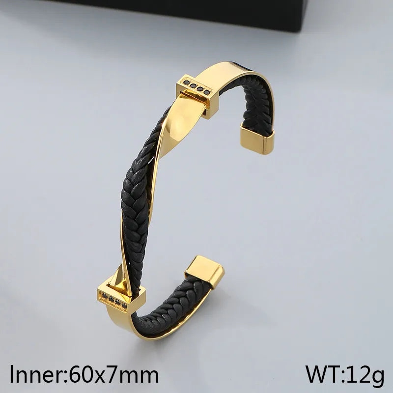 Simple Style Geometric 304 Stainless Steel Inlay Rhinestones 18K Gold Plated Men's Bangle