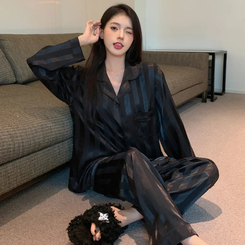Pure Color Lace Splice Smooth Ice Silk Sleepwear Set Women Long Sleeve Long Pants Two Piece Set High-End Sensation Home Clothes