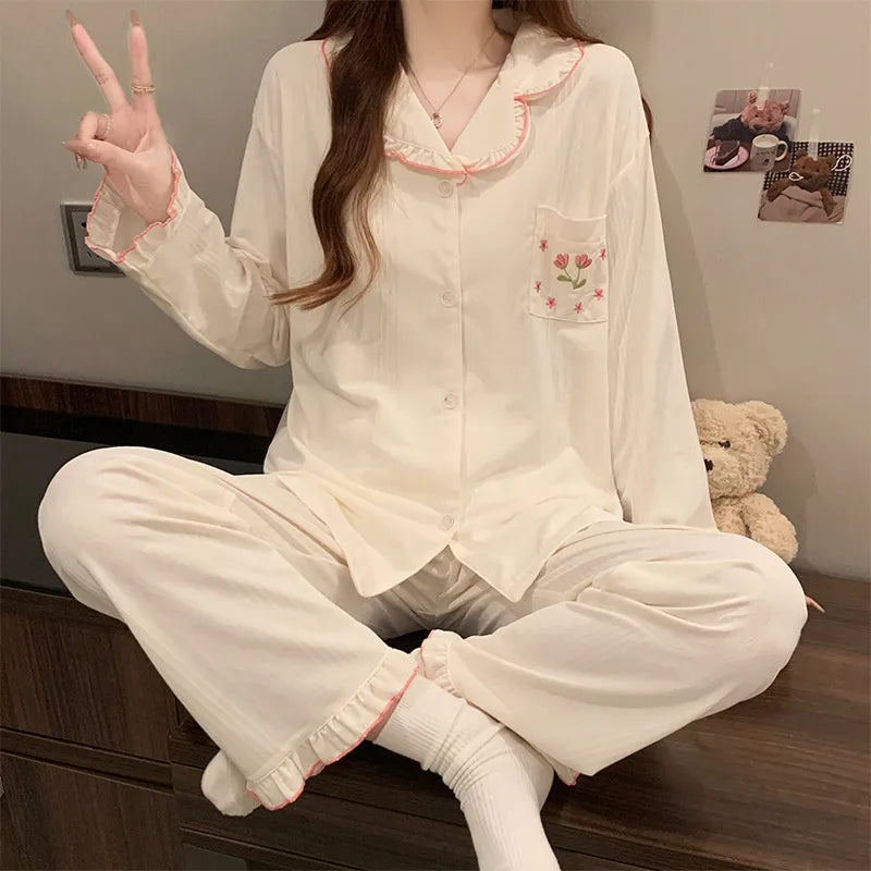 Tulip Floral Cotton Like Sleepwear Women's Long Sleeve Home Clothes Set Sweet Lace Design Comfortable Breathable All Seasons