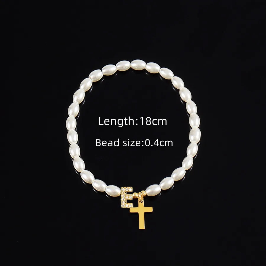 Simple Style Cross Letter 304 Stainless Steel Artificial Pearl Copper Beaded Chain Bracelets In Bulk