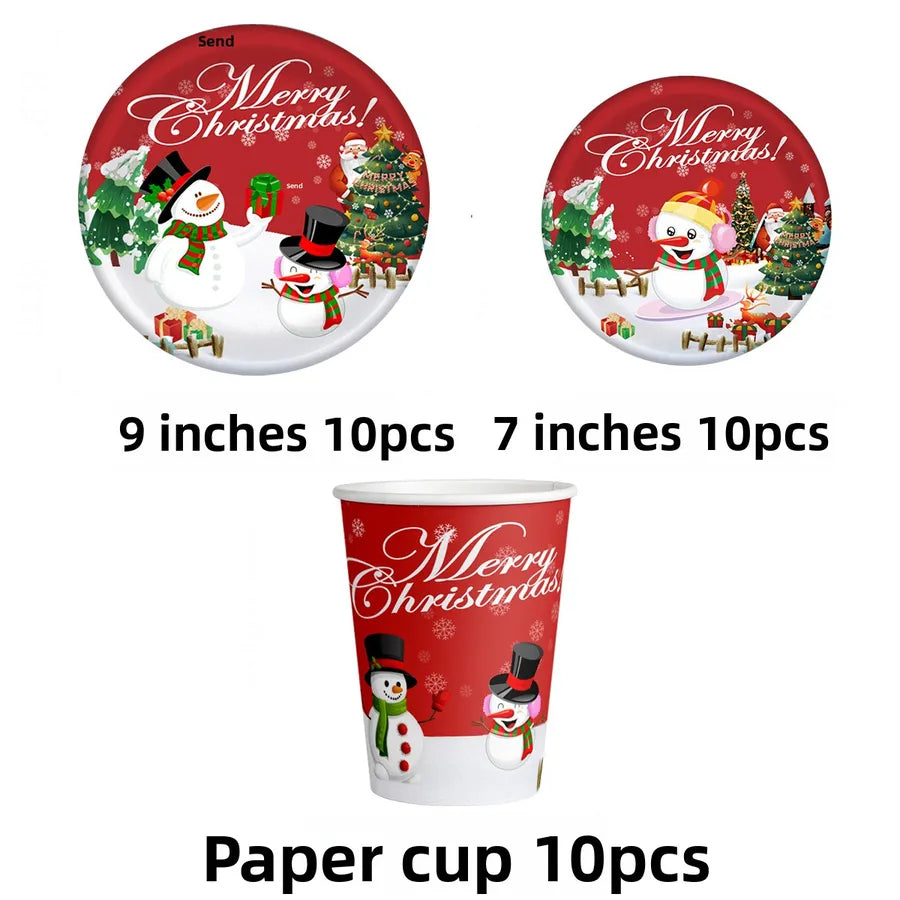 Christmas Theme Party Decoration Snowman Customized Paper Cups Plates Knives Forks Spoon Props Festive Cartoon Style