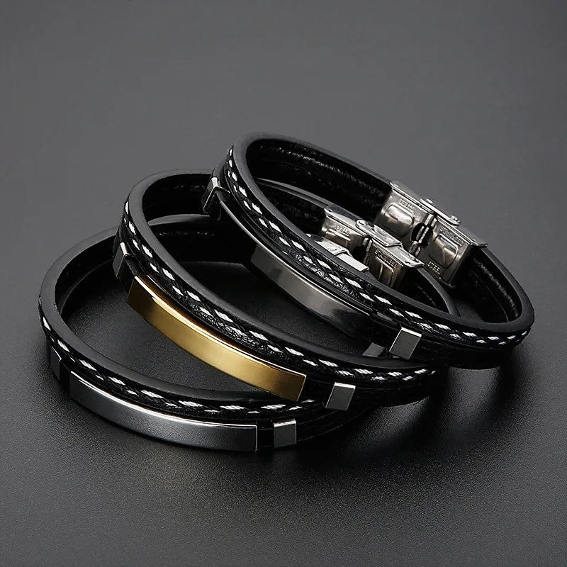 Hip-Hop Punk Geometric Color Block Cowhide Titanium Steel Plating 18K Gold Plated Men's Bracelets