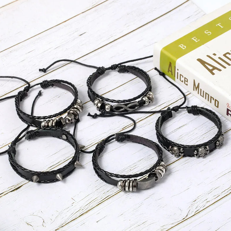 Punk Color Block Pu Leather Alloy Knitting Men's Bracelets