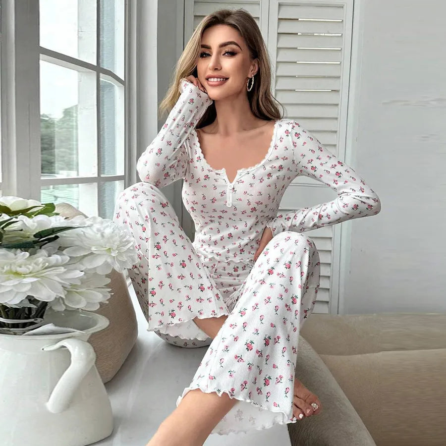 European Style Long Sleeve V-Neck Floral Print Sleepwear Set Women's Home Clothes With Cuffed Pants Thick Polyester Knitted Fabric