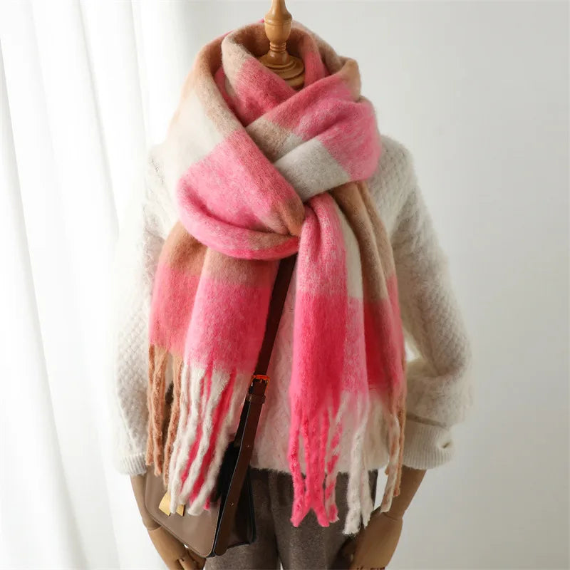 women's casual plaid imitation cashmere tassel scarf