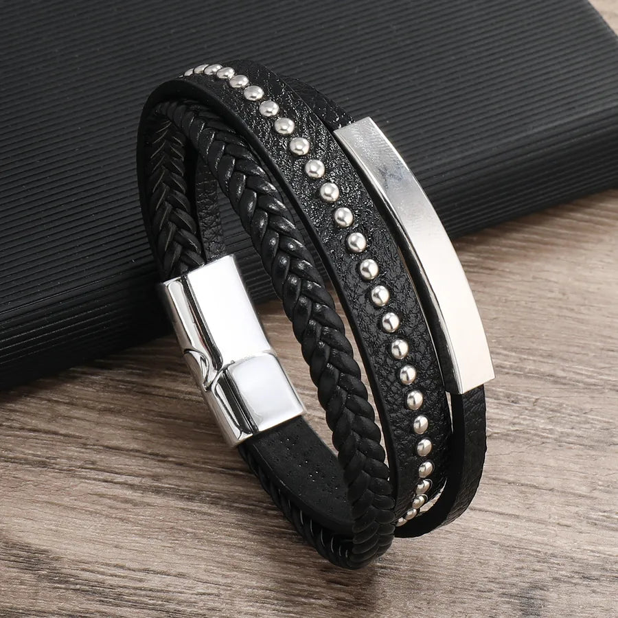 Retro Geometric Pu Leather Layered Unisex Bracelets Men Cord & Leather Bracelets
