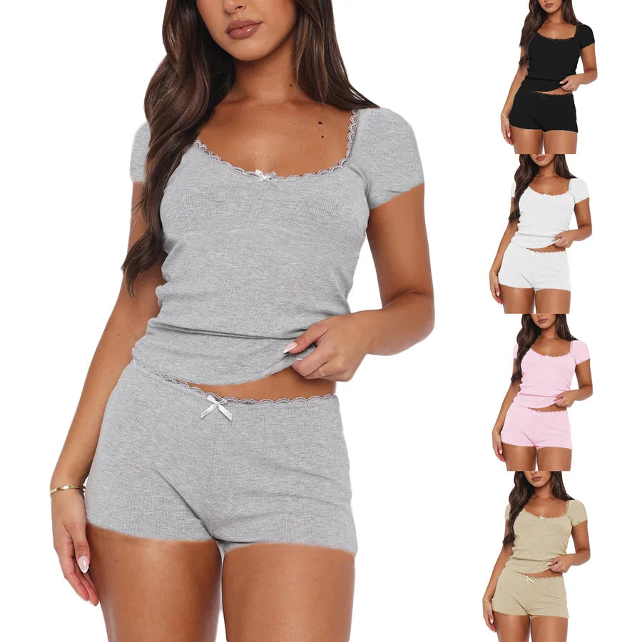 Holiday Daily Selfie Women's Casual Elegant Lady Solid Color Bow Knot Polyester Shorts Sets Pajama Sets