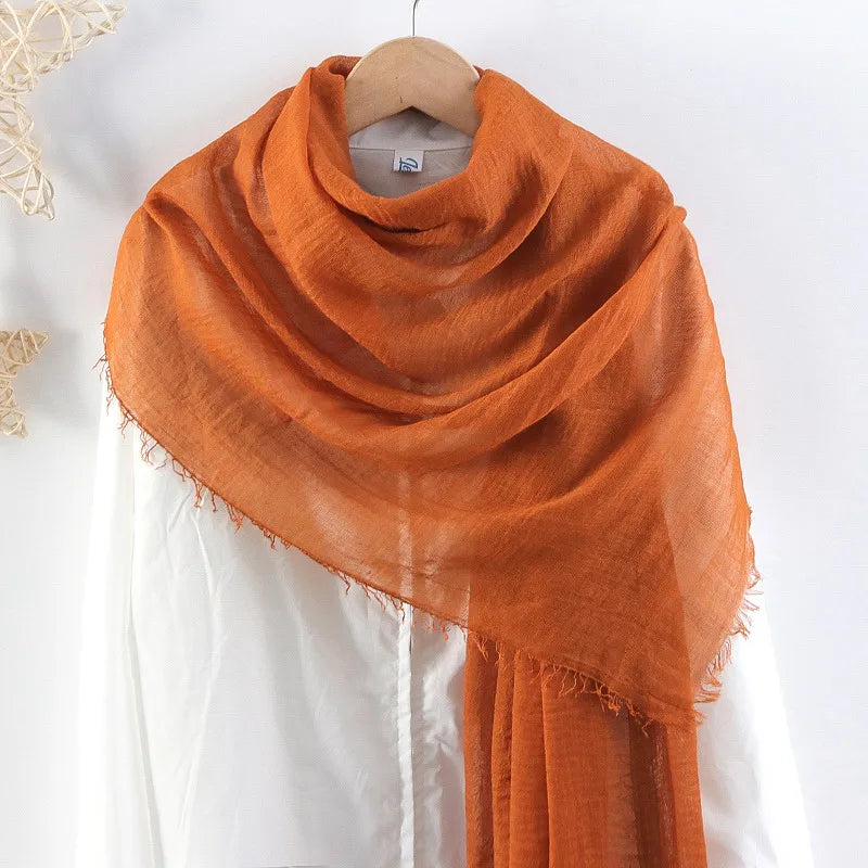 Hot selling solid color pleated cotton and linen scarf  women's bag headscarf crumpled hair fringe bubble scarf women's scarf cover head