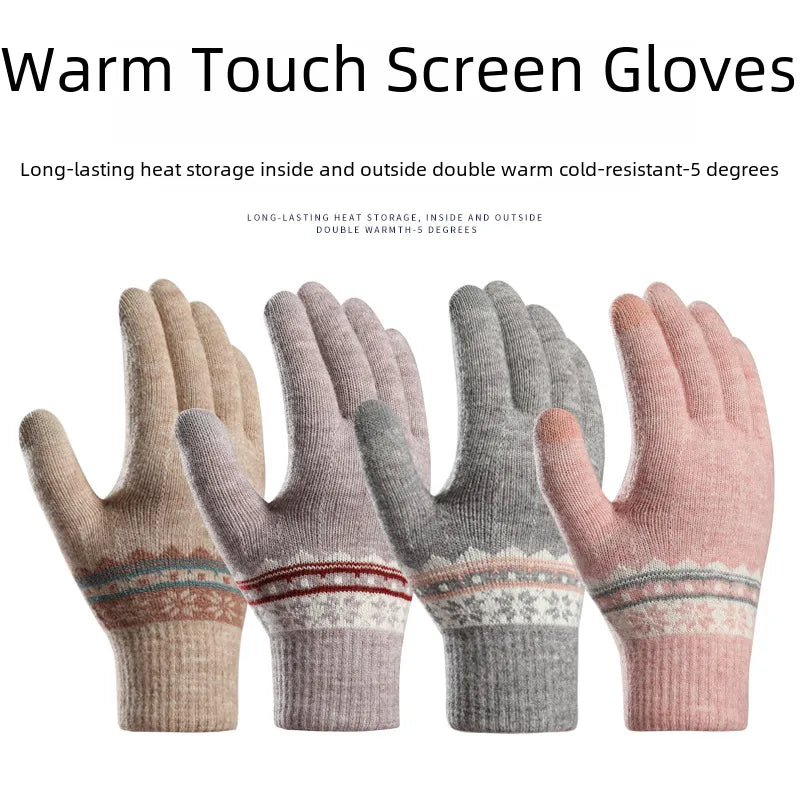 Factory direct supply knitted gloves women's warm winter double fleece padded wool jacquard student Touch Screen Gloves