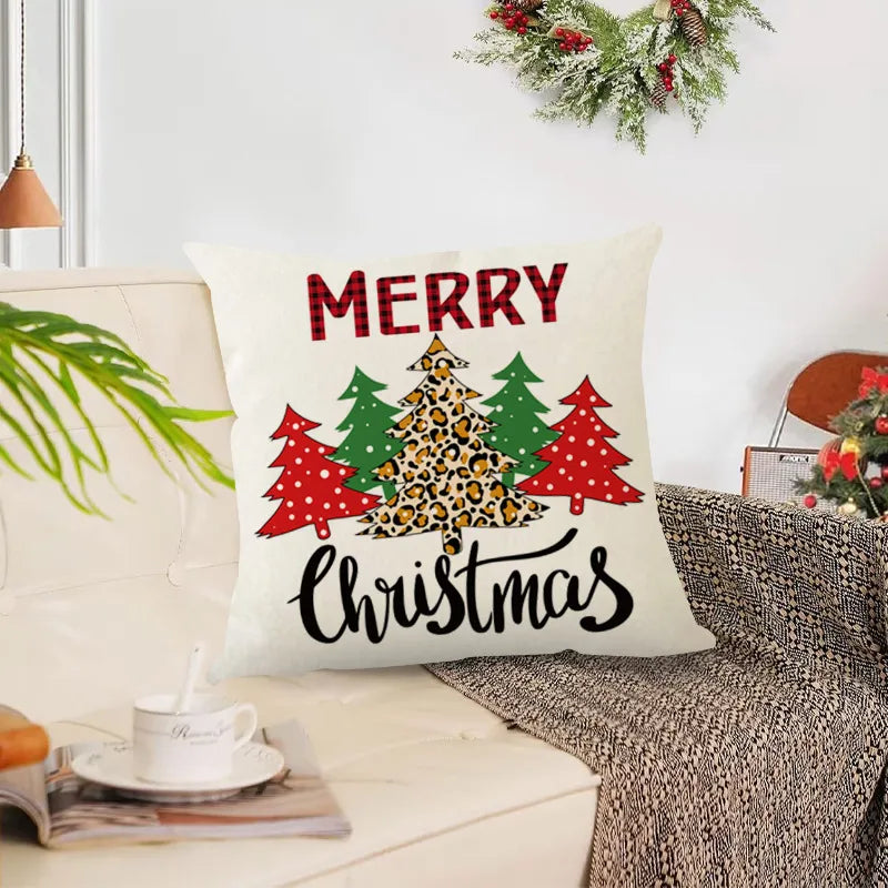 New Christmas Plaid Linen Pillowcase Snowflake Letter Print Home Sofa Cushion Cover Festive Letter Pattern Christmas Decor