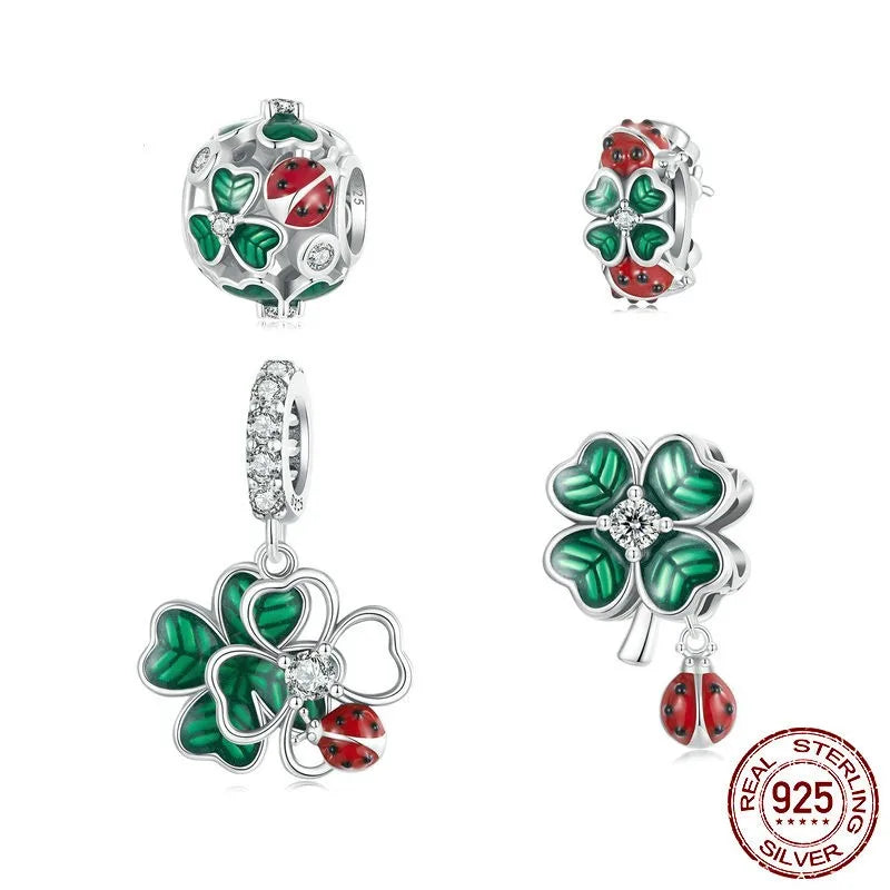 1 Piece 18 * 22mm Hole 4~4.9mm 925 Sterling Silver Zircon Four Leaf Clover Beetles Polished Pendant Beads Jewelry Accessories