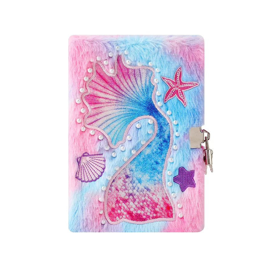 A5 Size Lockable Mermaid Tail Plush Notebook Cartoon Hard Cover Writing Diary For Students Children Gifts