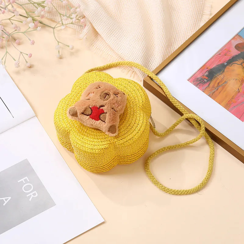 Summer Woven Bag  New Children's Cute Capibala Seaside Vacation Straw Woven Bag Crossbody Coin Purse