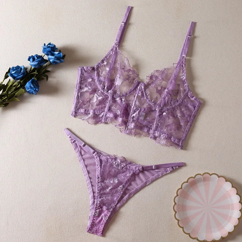 women's sexy flower sexy lingerie sets party embroidery sheer bra low waist thong sexy lingerie
