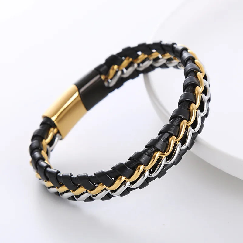 1 piece simple style geometric stainless steel leather patchwork men's bracelets