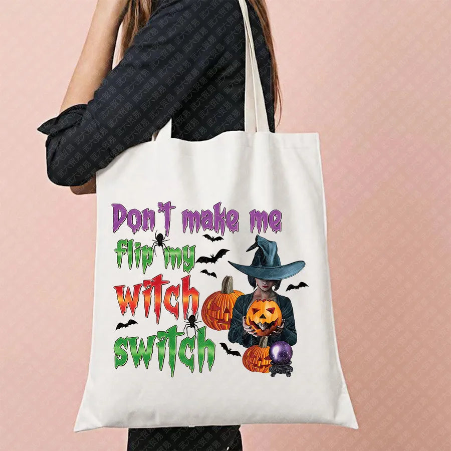 Halloween Witch Pattern Canvas Tote Bag Reusable Shopping Bag For Commuting Traveling Women Large Square Fashionable Bag