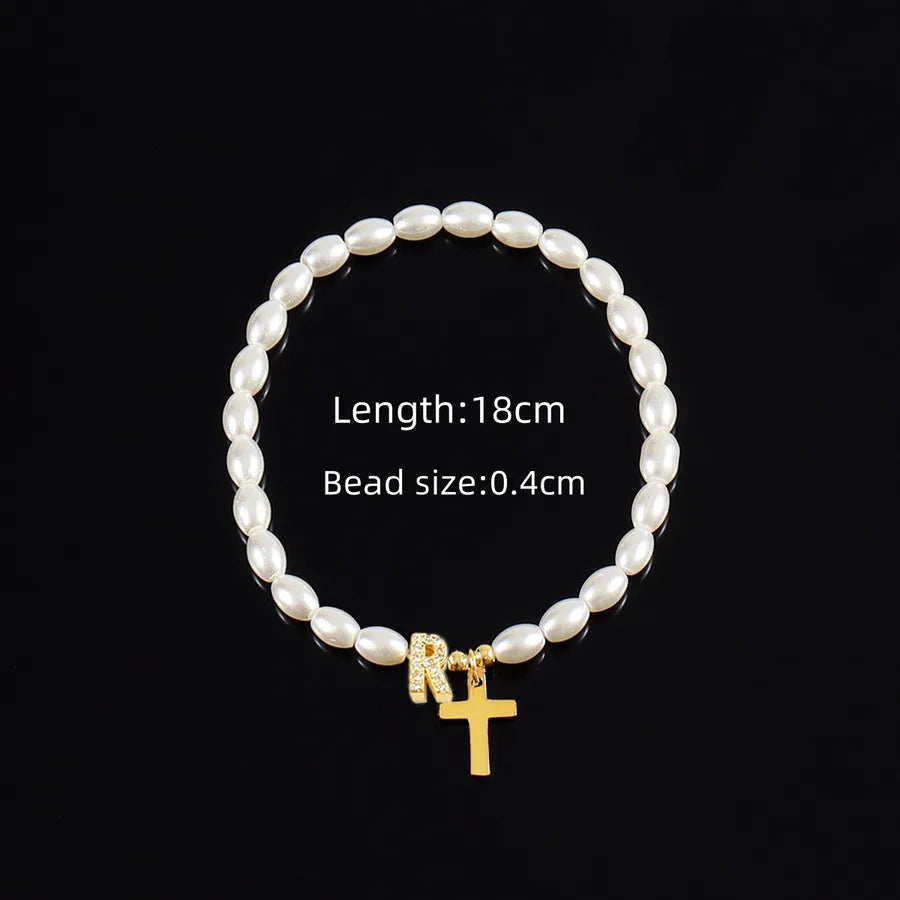 Simple Style Cross Letter 304 Stainless Steel Artificial Pearl Copper Beaded Chain Bracelets In Bulk