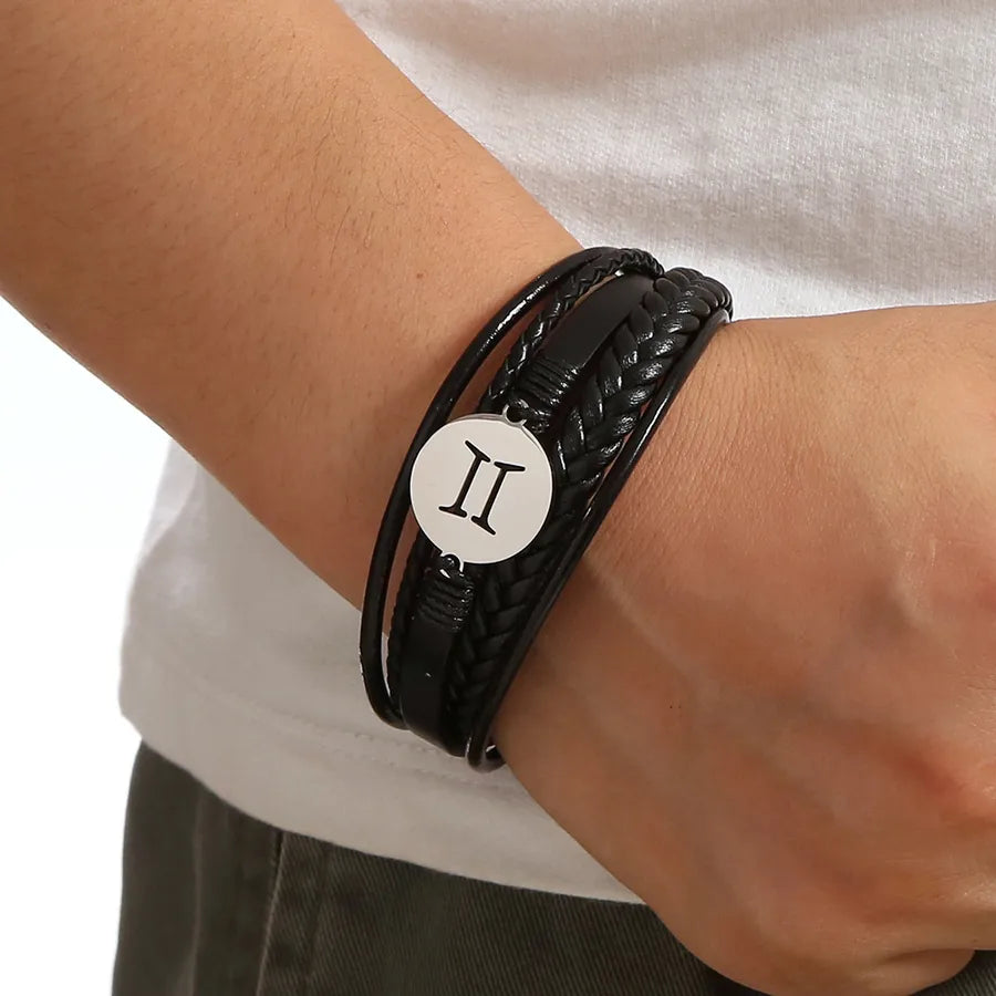 Simple Style Constellation 316 Stainless Steel  Pu Leather Layered Men's Bangle