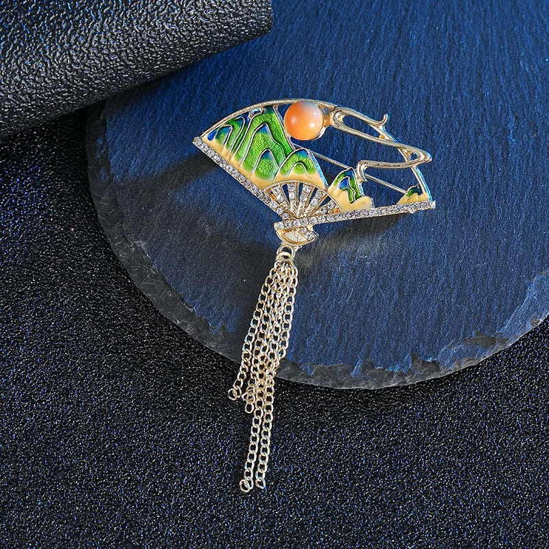 Green Chinese Style Brooch Pin Vintage High-End Tassel Creative Versatile Hanfu Cheongsam Embroidery Zinc Alloy Jewelry Accessory