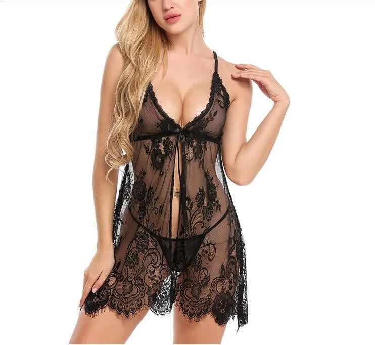 solid color sexy see-through hollow out pajamas