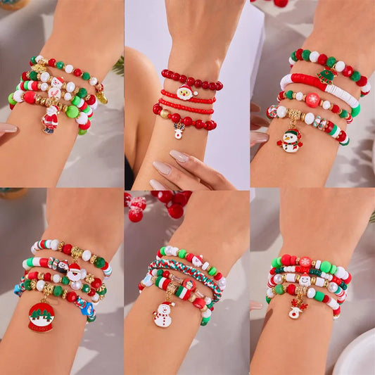 New Christmas Theme Acrylic Santa Claus And Reindeer Elastic Beaded Bracelet Set Colorful Festive Unisex Handmade Jewelry
