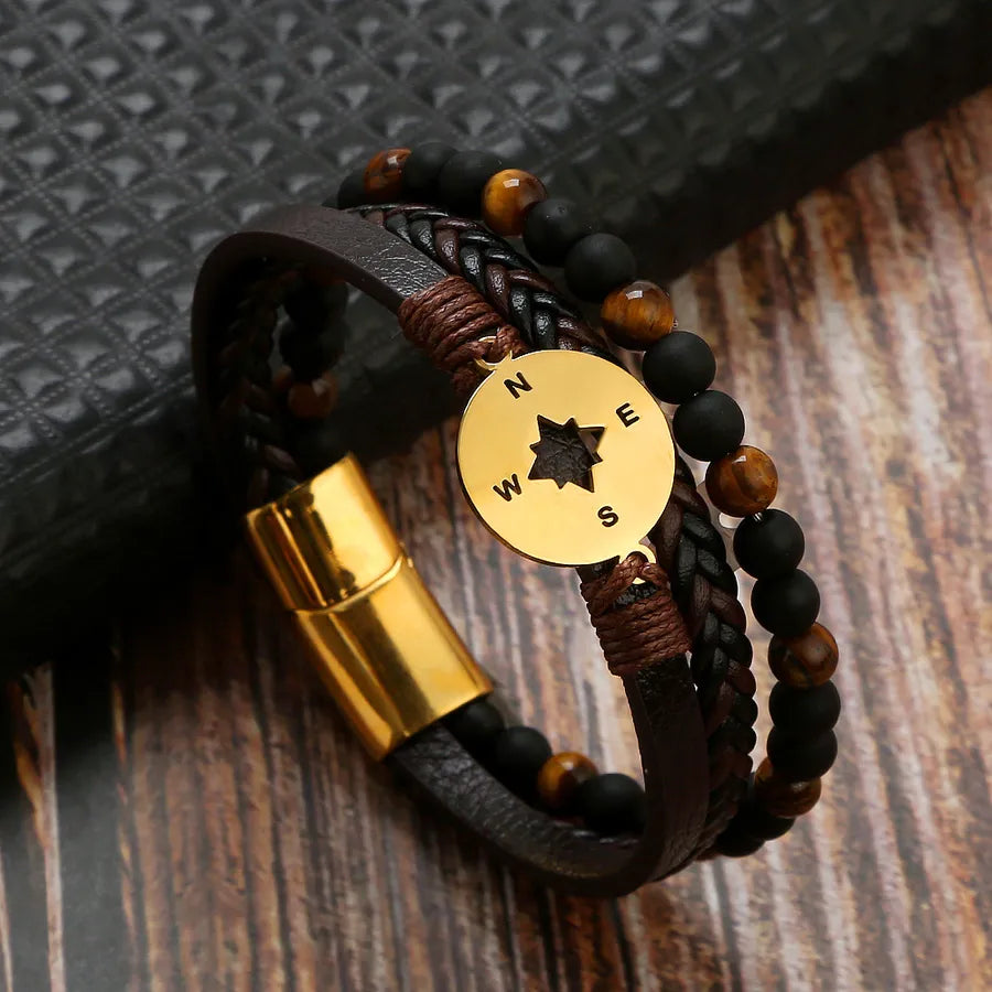 Casual Simple Style Compass Stainless Steel Pu Leather Men's Bangle