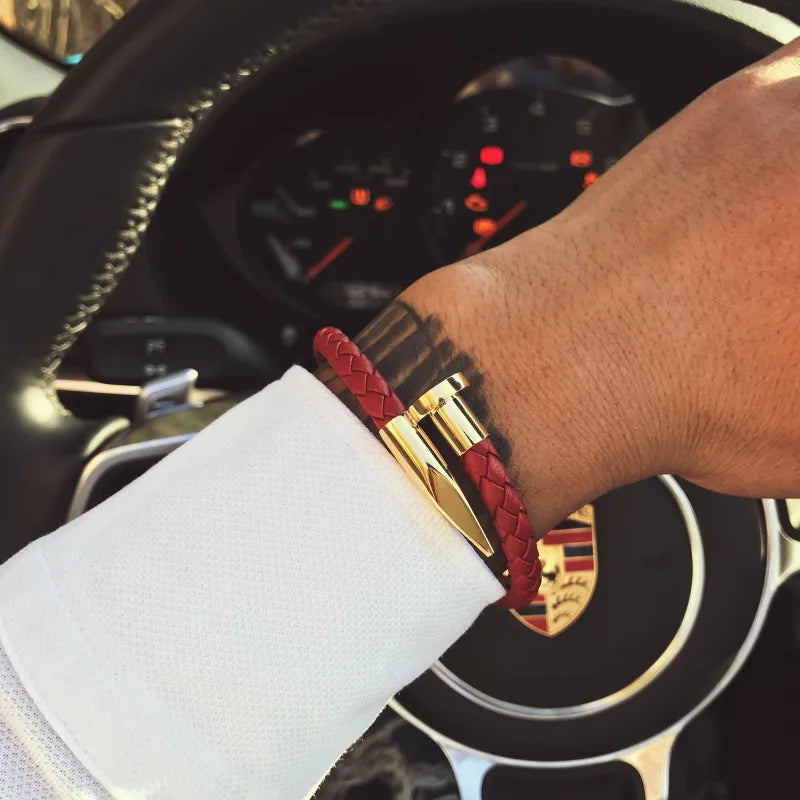 Elegant Streetwear Solid Color Leather rope Titanium Steel Plating Men'S Cuff Bracelets Men Cord & Leather Bracelets