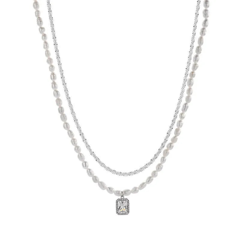 elegant square water droplets freshwater pearl metal inlay zircon necklace