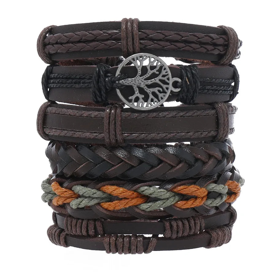 Retro Geometric Life Tree Pu Leather Alloy Wax line Braid Men's Bracelets Drawstring Bracelets