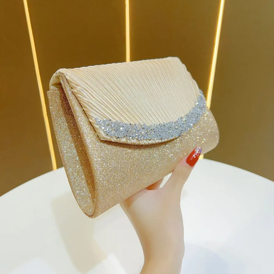 Princess Dinner Bag New Style Diamond Embellished Handbag Shoulder Crossbody Underarm Bag Polyester Square Shaped Sparkling