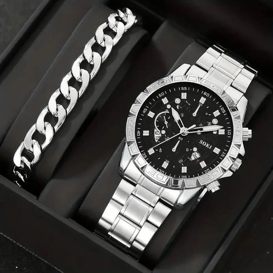 casual solid color buckle quartz men's watch & bracelet set