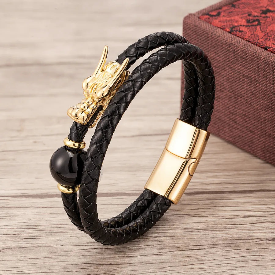 chinoiserie casual retro round dragon stone metal handmade metal button men's bracelets