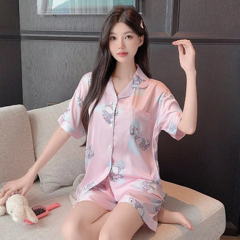 Elegant Ice Silk Sleepwear Women's Summer Butterfly Print Short Sleeve Home Clothes Set Can Be Worn Outside Breathable Casual