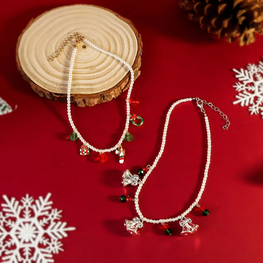Christmas Cartoon Colorful Red And Green Bell Necklace Festive Christmas Socks Pendant Snowflake Design Women's Jewelry Accessory