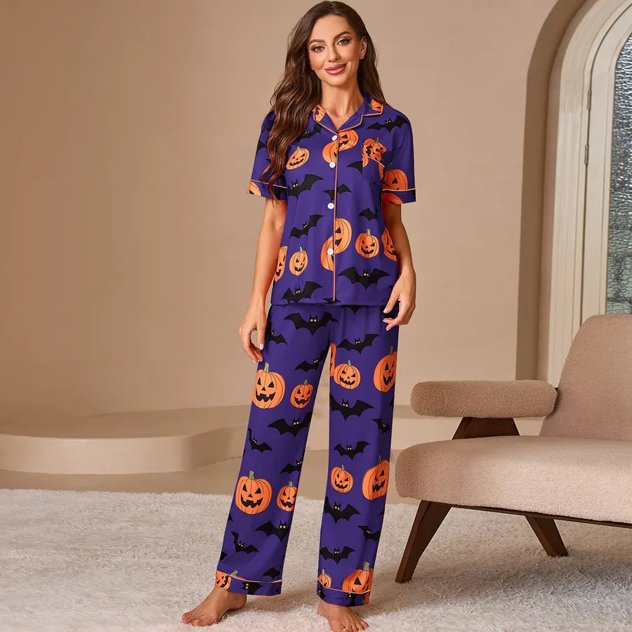 European Style Halloween Print Sleepwear Set Women's Short Sleeve Shirt And Long Pants Home Clothes Fashionable And Comfortable