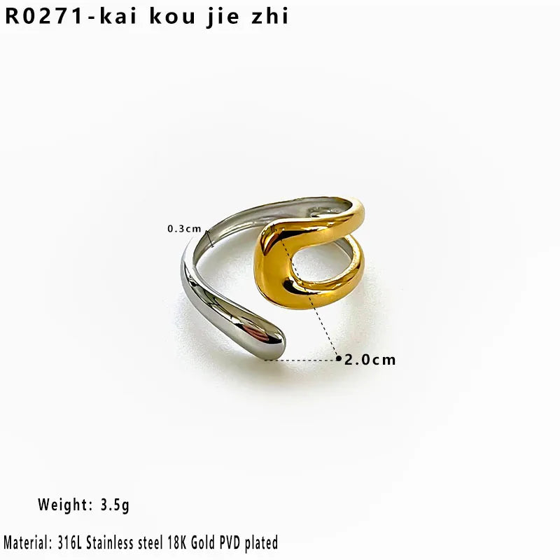 Wholesale Jewelry Elegant Simple Style Commute Geometric 316L Stainless Steel  18K Gold Plated Mixed Metal Open Rings Rings
