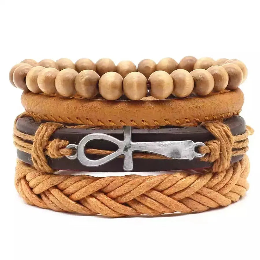 Four-Piece Card Punk Hardware Woven Bracelet Leather Bracelet Multi-Layer Suit Cross Retro Ornament Men's