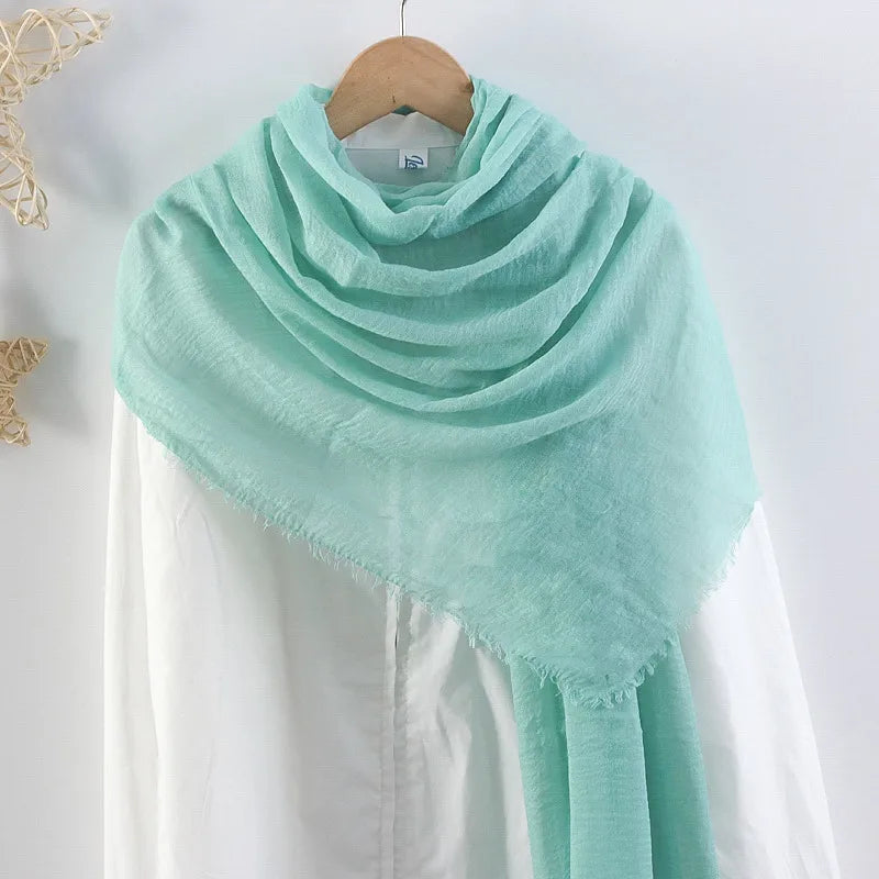 Hot selling solid color pleated cotton and linen scarf  women's bag headscarf crumpled hair fringe bubble scarf women's scarf cover head