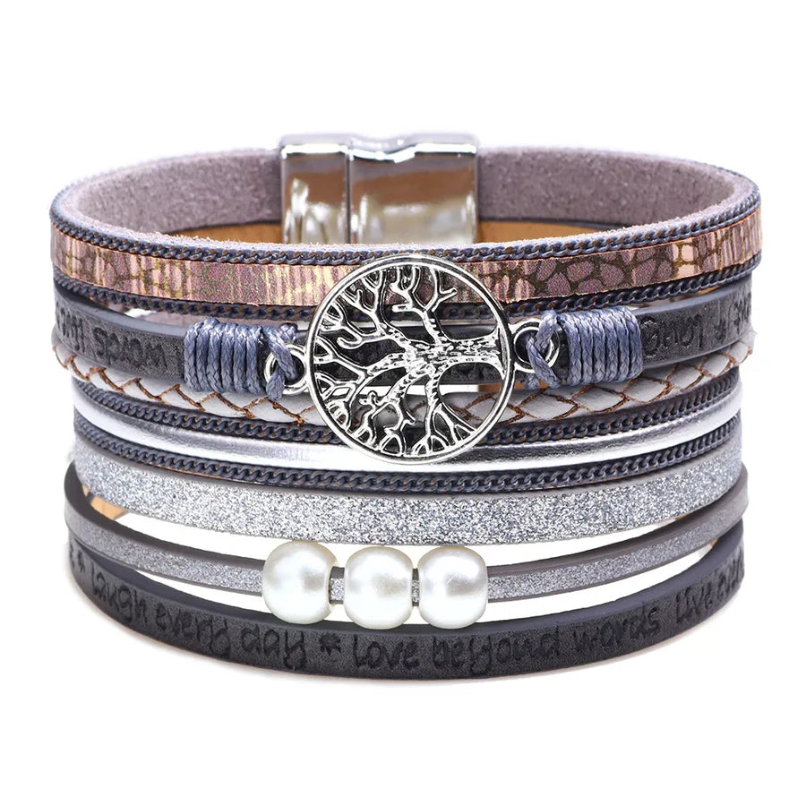 fashion hollow tree of life embossed letters pearl bracelet wholesale
